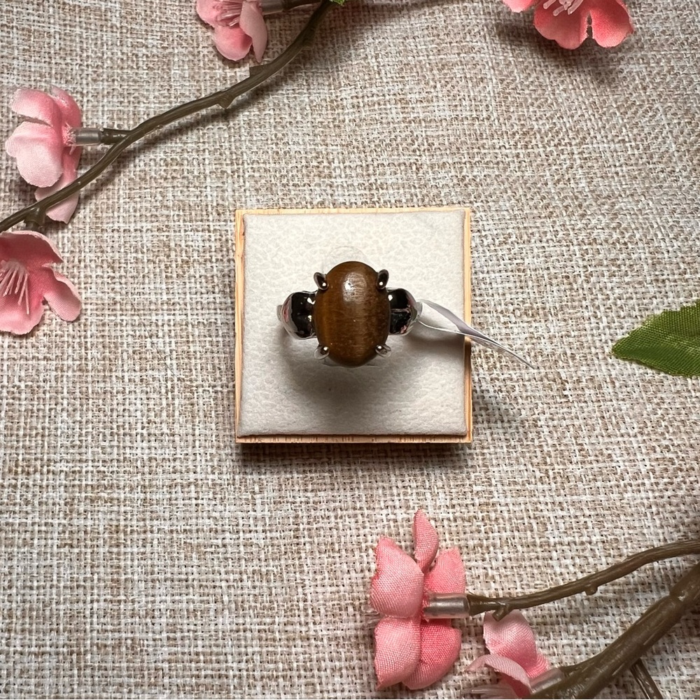 Size 9 | Silver Boho Gemstone Ring – Large Oval Brown Cabochon, Chunky Statement